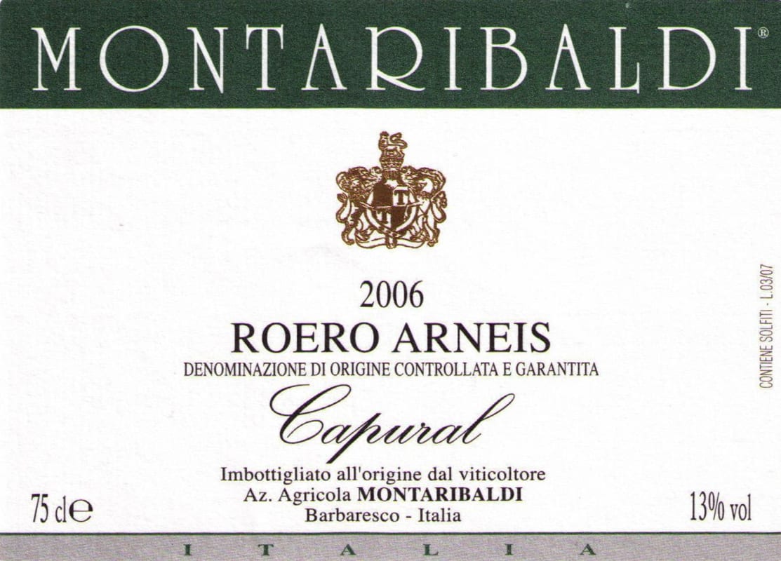 Montaribaldi Roero Arneis Capural 2006 Front Label