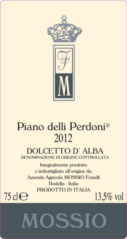 Mossio Dolcetto d'Alba Piano delli Perdoni 2012 Front Label