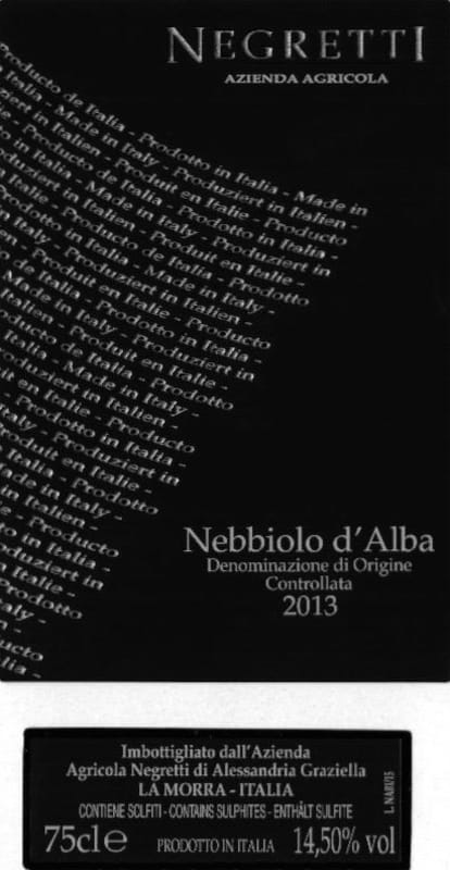 Negretti Nebbiolo d'Alba 2013 Front Label