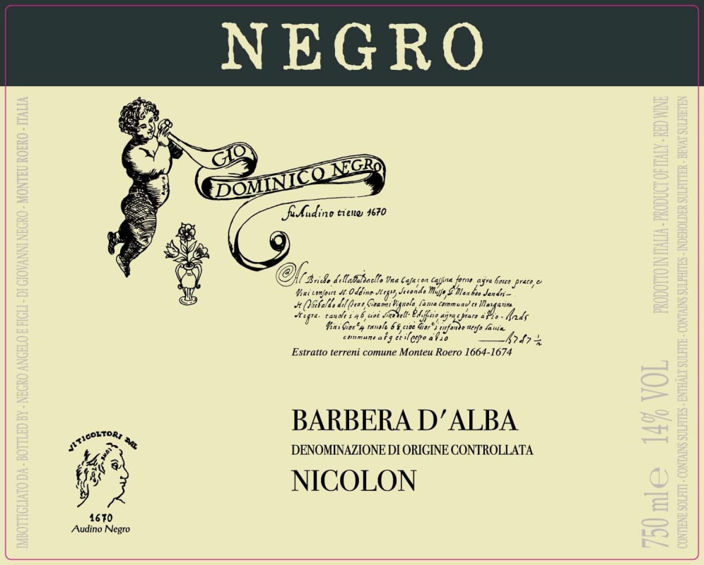 Azienda Agricola Negro Angelo e Figli Barbera d'Alba Nicolon 2014 Front Label