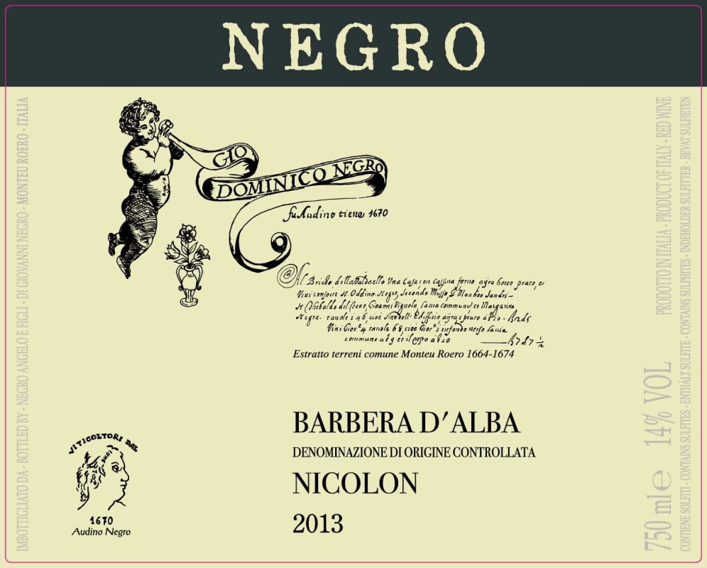 Azienda Agricola Negro Angelo e Figli Barbera d'Alba Nicolon 2013 Front Label