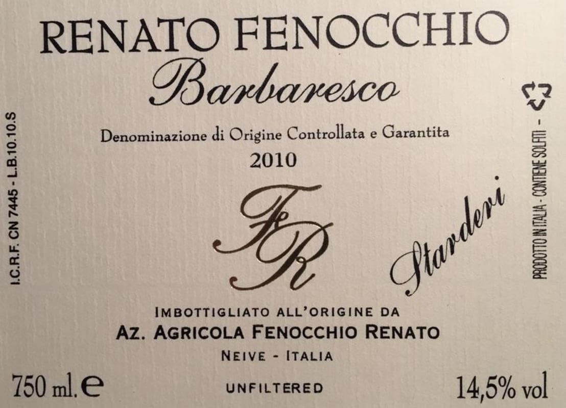 Renato Fenocchio Barbaresco Starderi 2010 Front Label