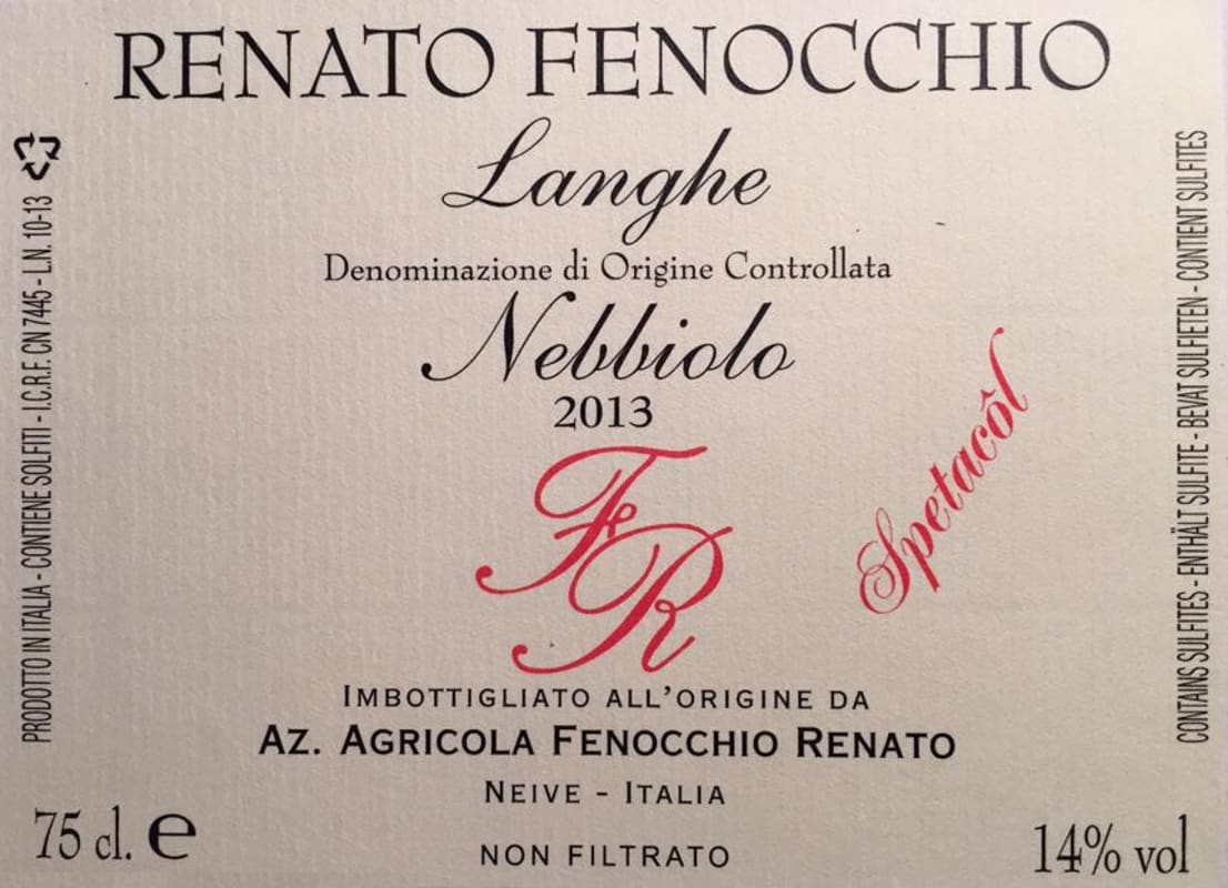 Renato Fenocchio Langhe Spetacol Nebbiolo 2013 Front Label