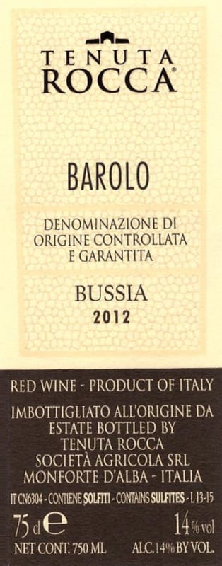 Azienda Agricola Tenuta Rocca Bussia 2012 Front Label