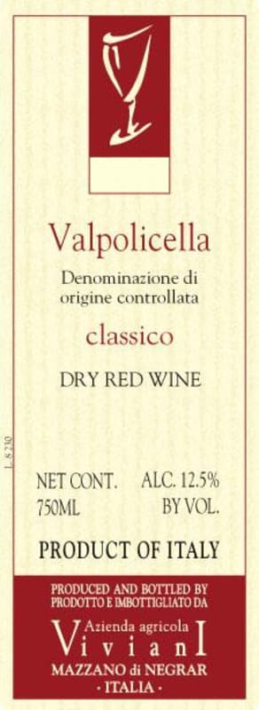 Azienda Agricola Viviani Valpolicella Classico 2012 Front Label