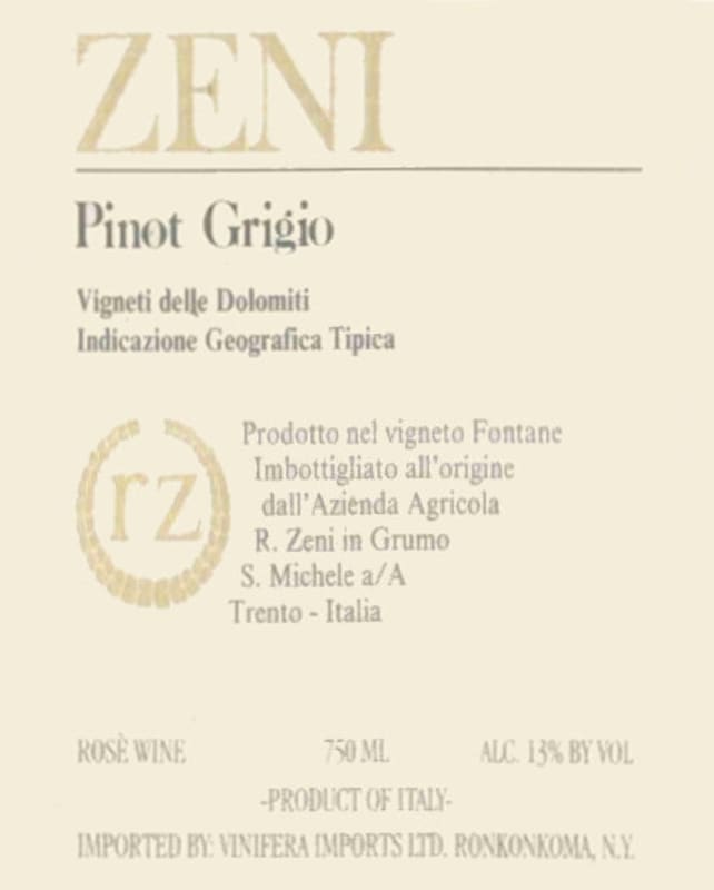 Zeni Fontane Ramato Vigneto Pinot Grigio 2001 Front Label