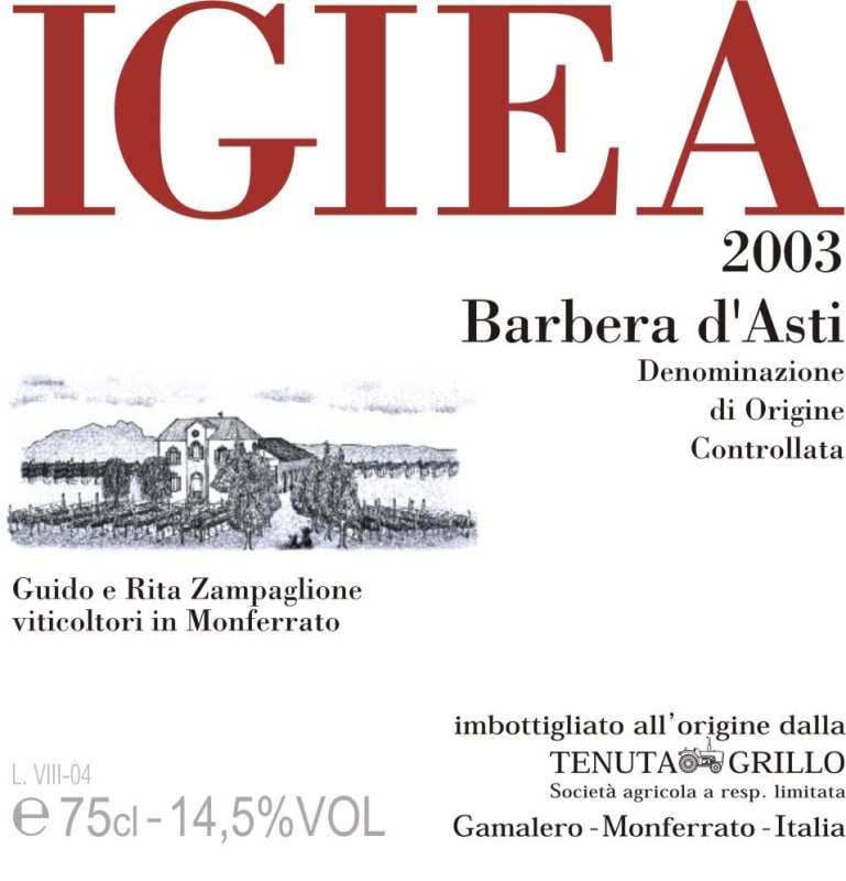 Azienda Tenuta Grillo Barbera d'Asti Igiea 2003 Front Label