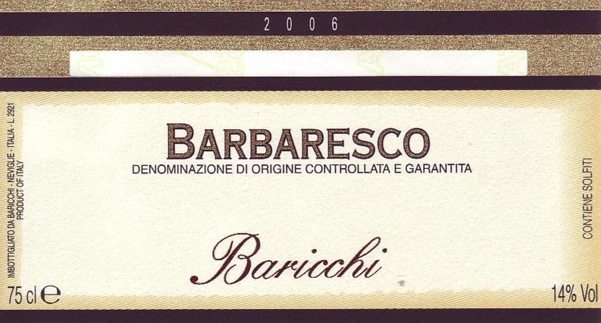 Cascina Baricchi Barbaresco 2006 Front Label