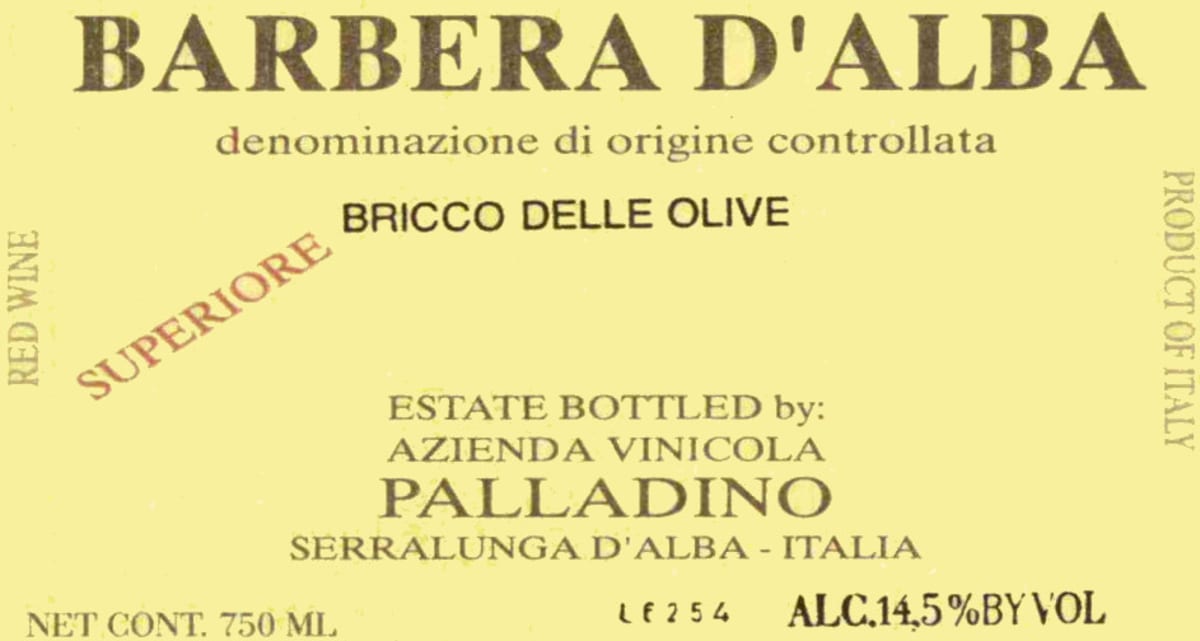 Palladino Barbera d'Alba Bricco delle Olive Superiore 2012 Front Label