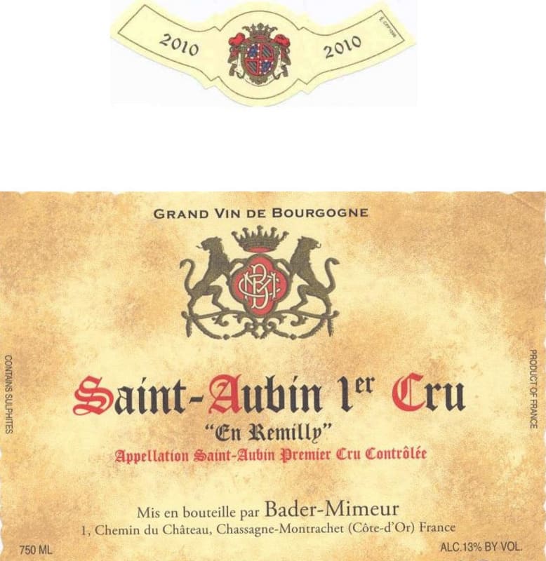 Bader-Mimeur Saint-Aubin En Remilly Premier Cru 2010 Front Label