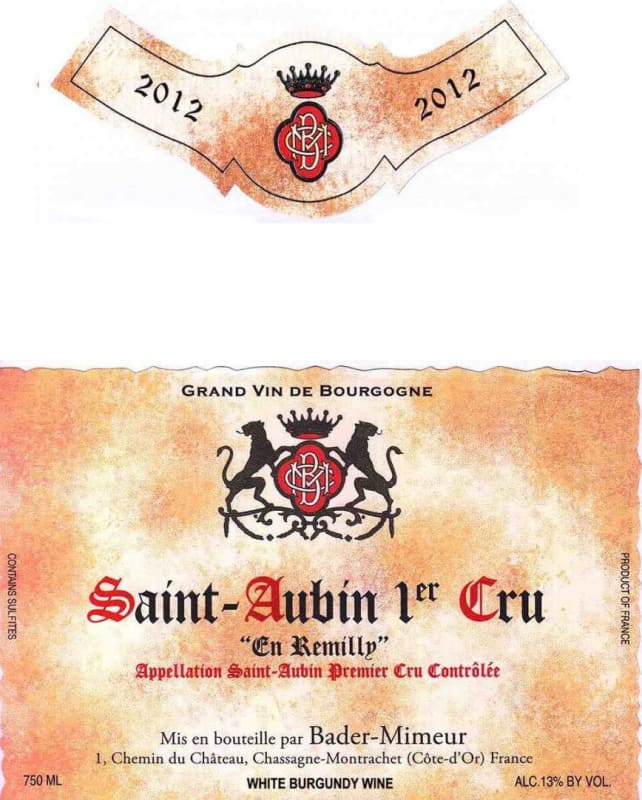 Bader-Mimeur Saint-Aubin En Remilly Premier Cru 2012 Front Label
