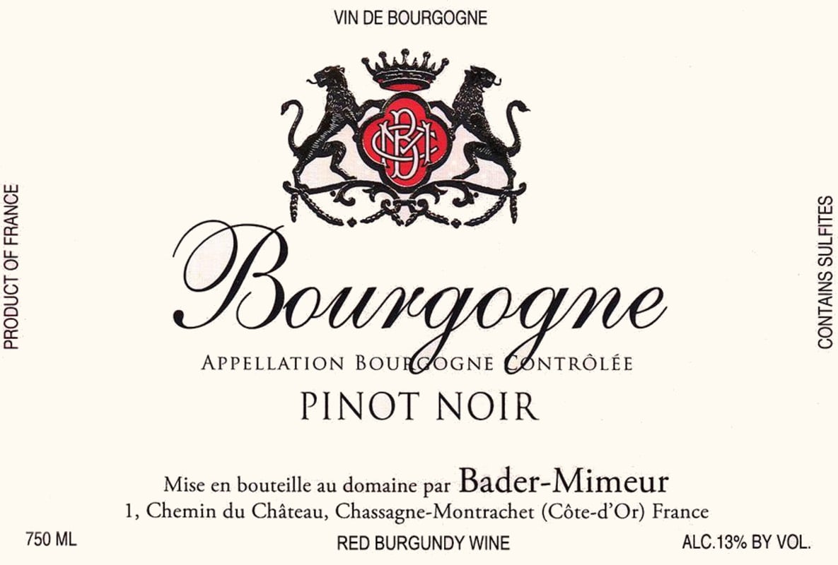 Bader-Mimeur Bourgogne Pinot Noir 2014 Front Label