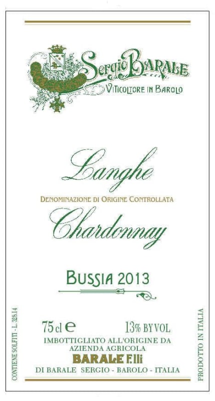 Barale Fratelli Langhe Chardonnay 2013 Front Label