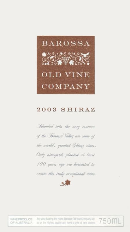 Barossa Old Vine Company Shiraz 2003 Front Label