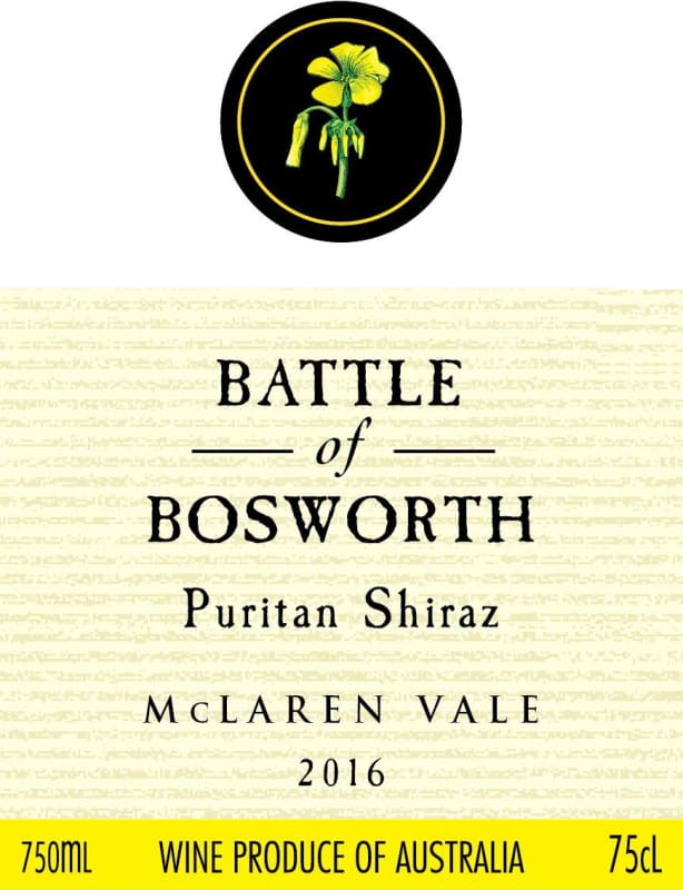 Battle of Bosworth Wines Puritan Shiraz 2016 Front Label