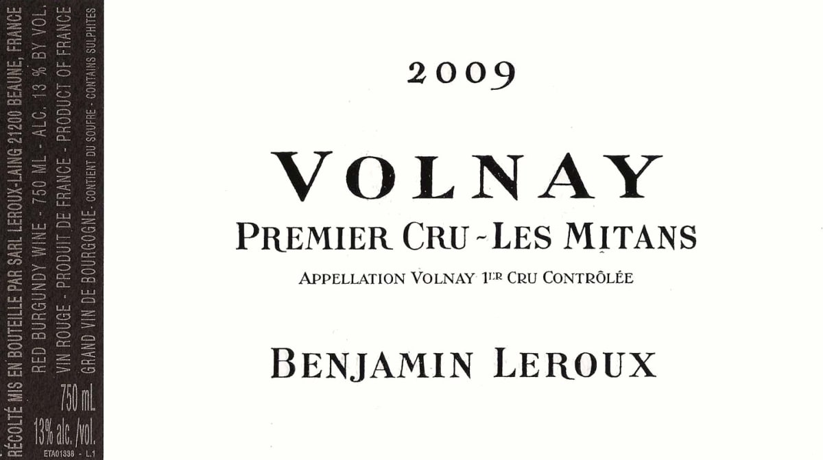 Benjamin Leroux Volnay Premier Cru Les Mitans 2009 Front Label