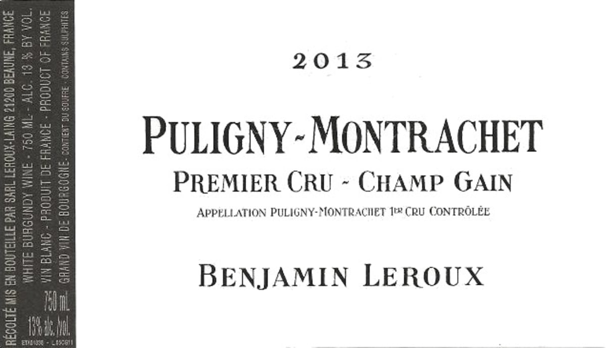Benjamin Leroux Puligny-Montrachet Premier Cru Champ Gain 2013 Front Label