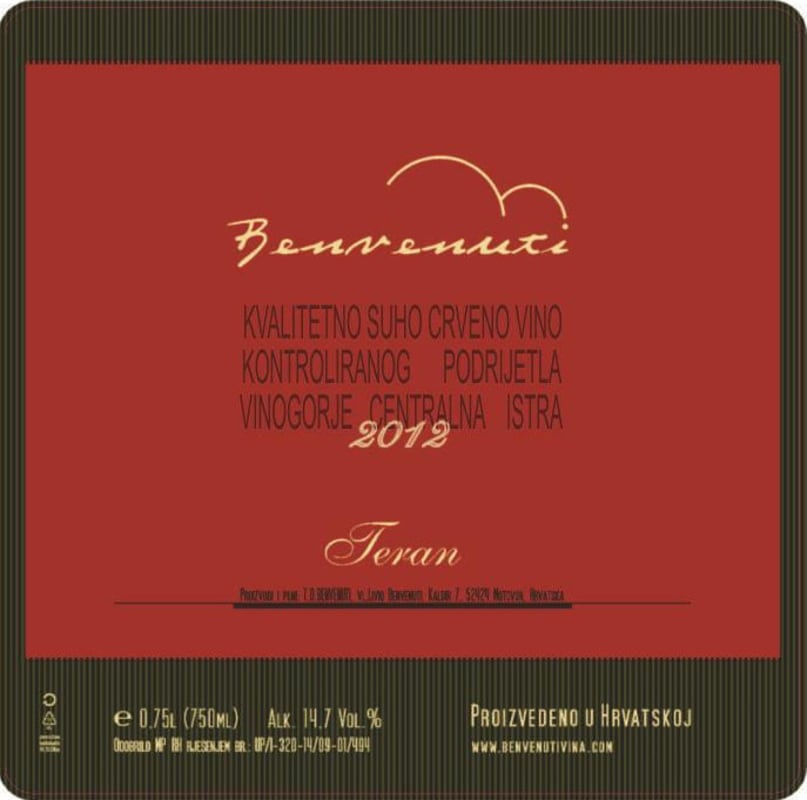 Benvenuti Wines Vina Teran 2012 Front Label