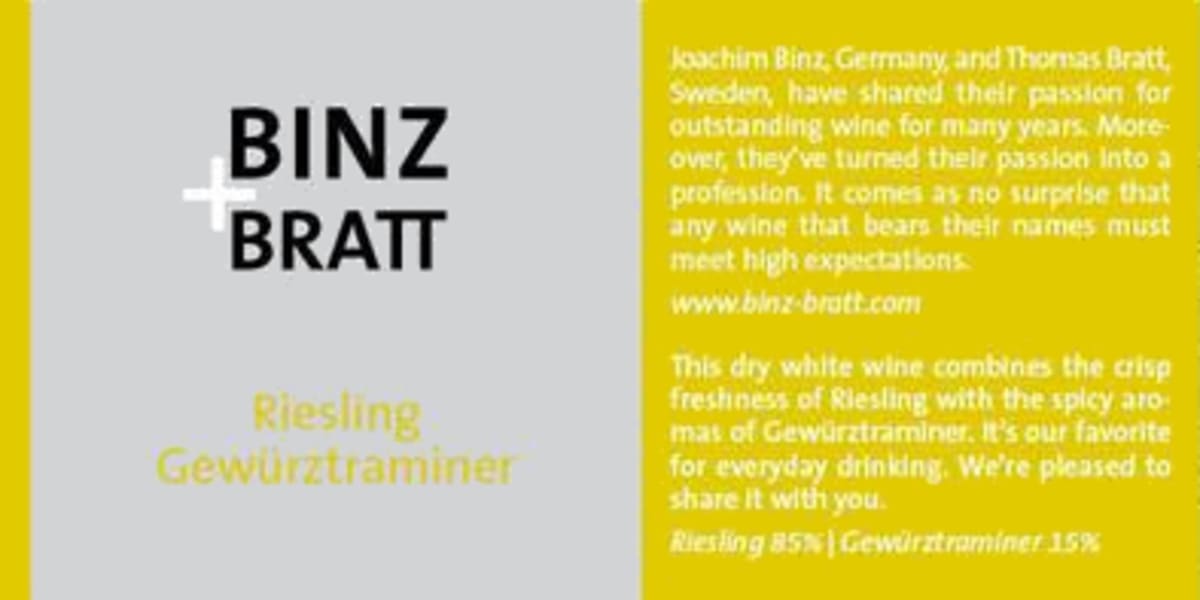 Binz + Bratt Riesling Gewurztraminer 2015 Front Label