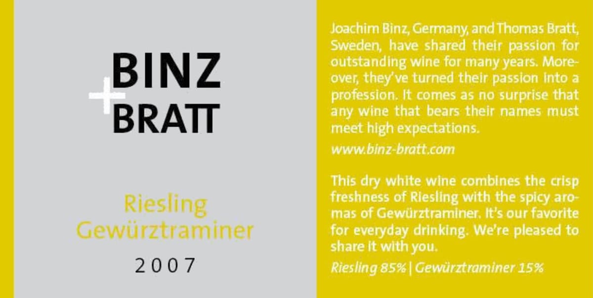 Binz + Bratt Riesling Gewurztraminer 2007 Front Label