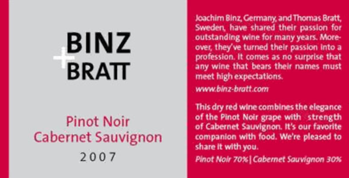 Binz + Bratt Pinot Noir Cabernet Sauvignon 2007 Front Label