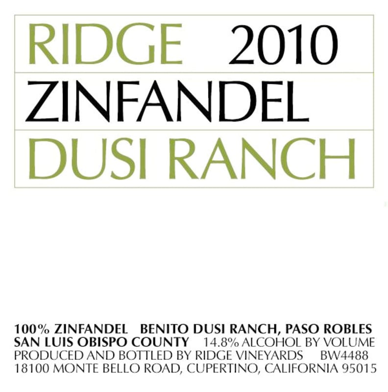 Ridge Dusi Ranch Zinfandel 2010 Front Label