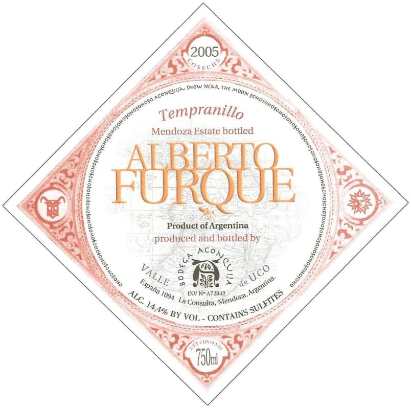 Bodega Aconquija Alberto Furque Tempranillo 2005 Front Label