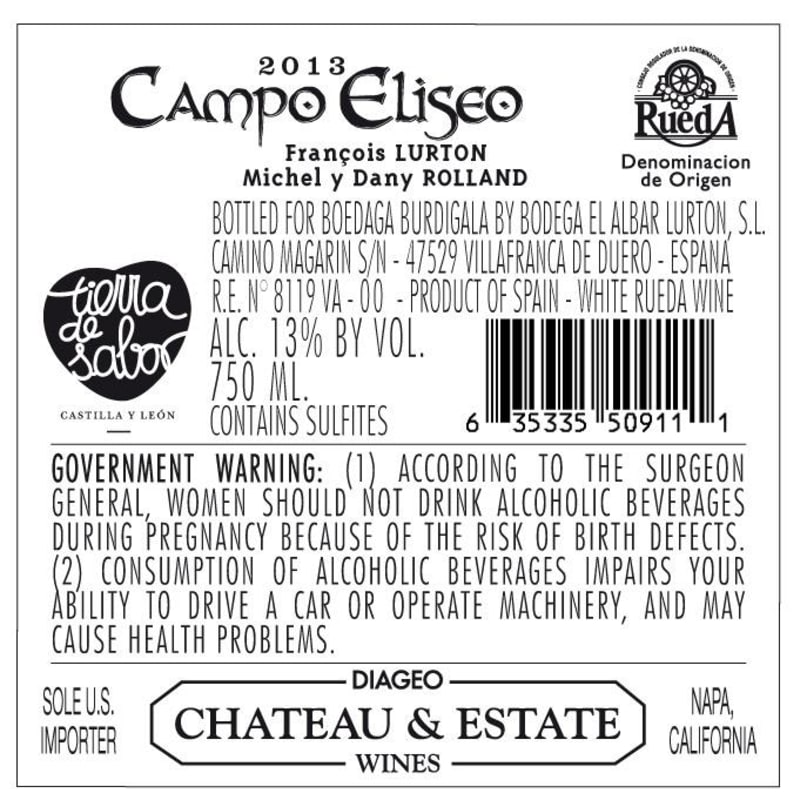 Bodega Burdigala Campo Eliseo Blanco 2013 Front Label