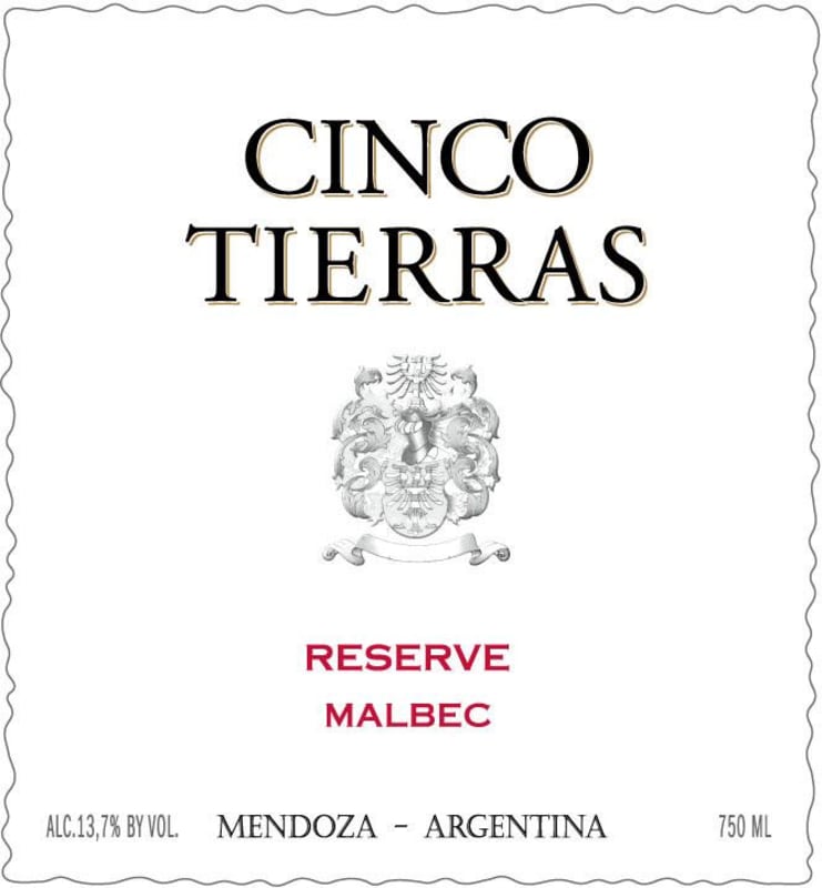 Bodega Cinco Tierras Reserva Malbec 2009 Front Label