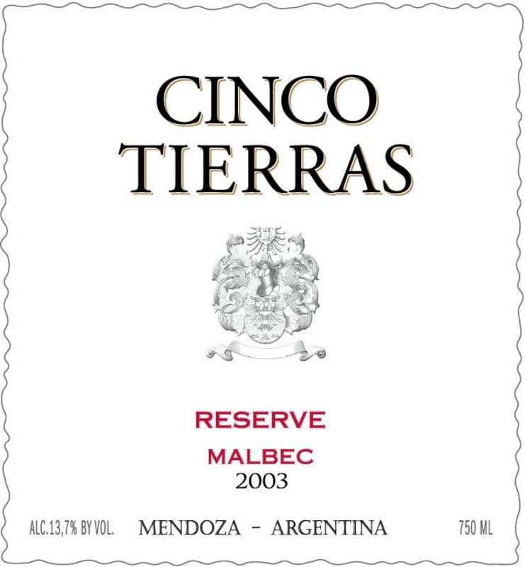 Bodega Cinco Tierras Reserva Malbec 2003 Front Label