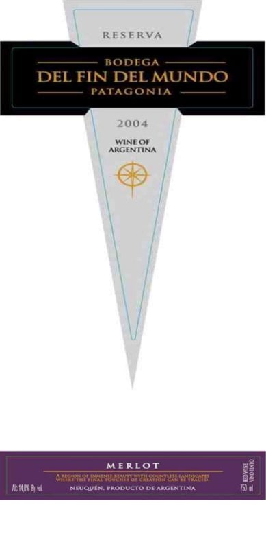 Bodega Del Fin del Mundo Reserva Merlot 2004 Front Label