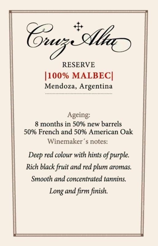 Bodega La Rural Cruz Alta Reserve Malbec 2014 Front Label