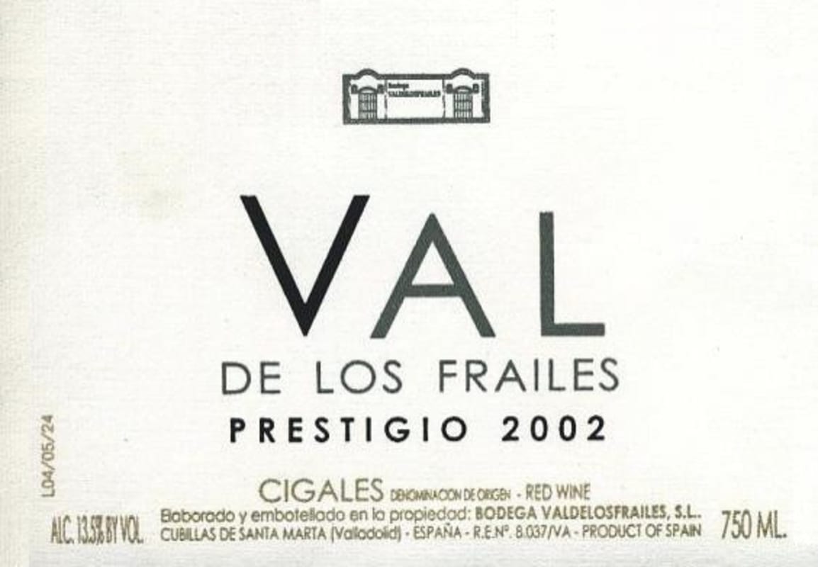 Bodega Valdelosfrailes Prestigio 2002 Front Label