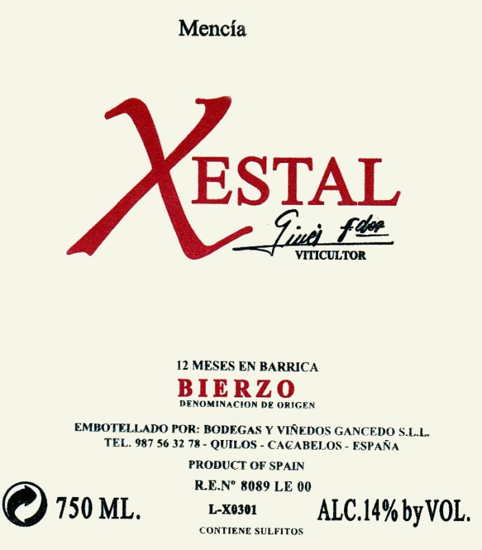 Bodegas & Vinedos Gancedo Xestal 2008 Front Label