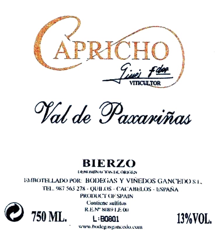 Bodegas & Vinedos Gancedo Capricho Val de Paxarinas 2013 Front Label