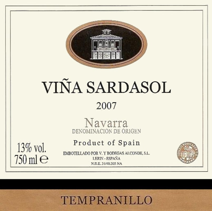 Bodegas Alconde Vina Sardasol Tempranillo 2007 Front Label