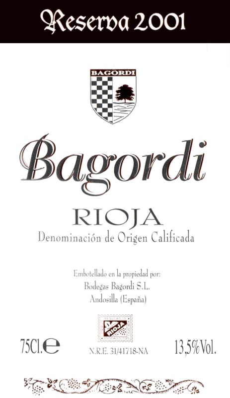 Bodegas Bargordi Reserva 2001 Front Label