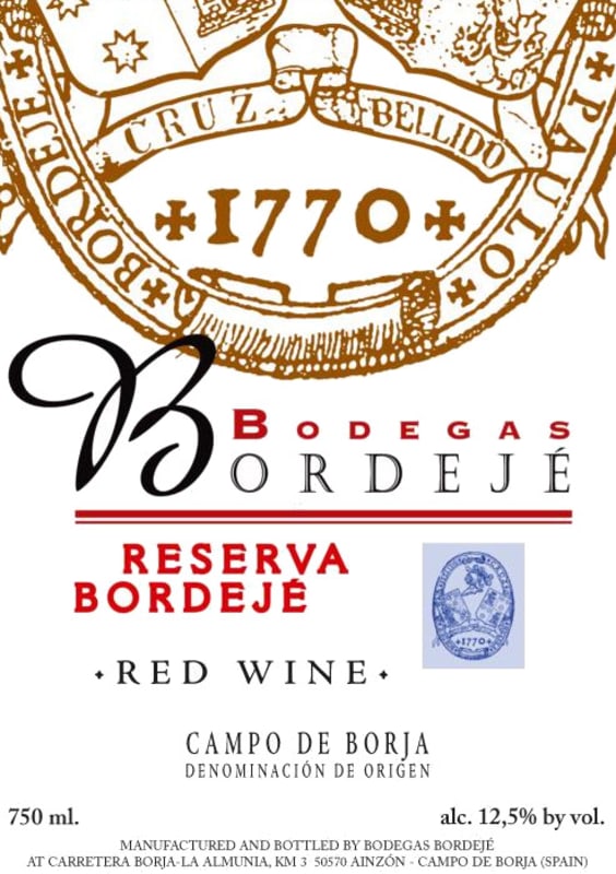 Bodegas Bordeje Reserva 2012 Front Label