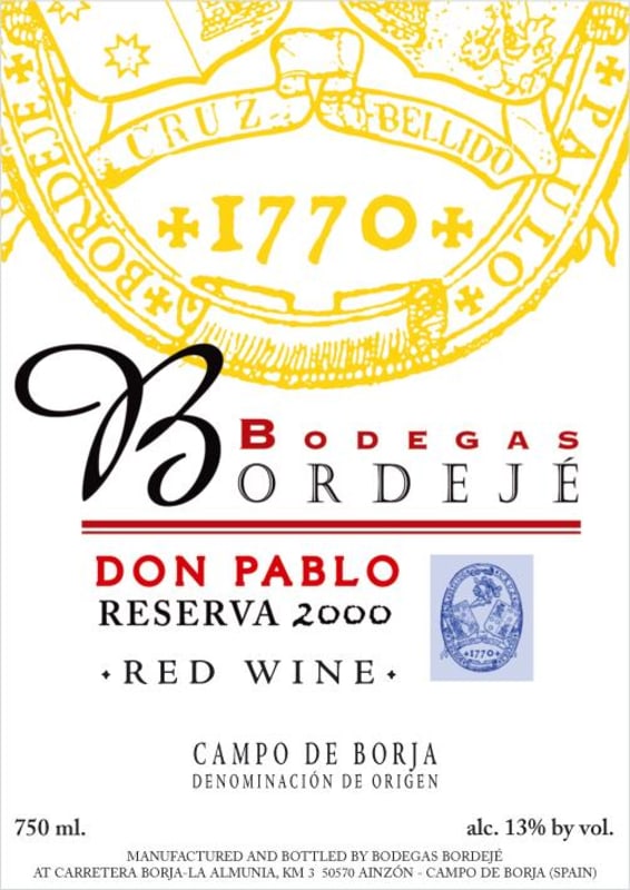 Bodegas Bordeje Don Pablo Reserva 2000 Front Label
