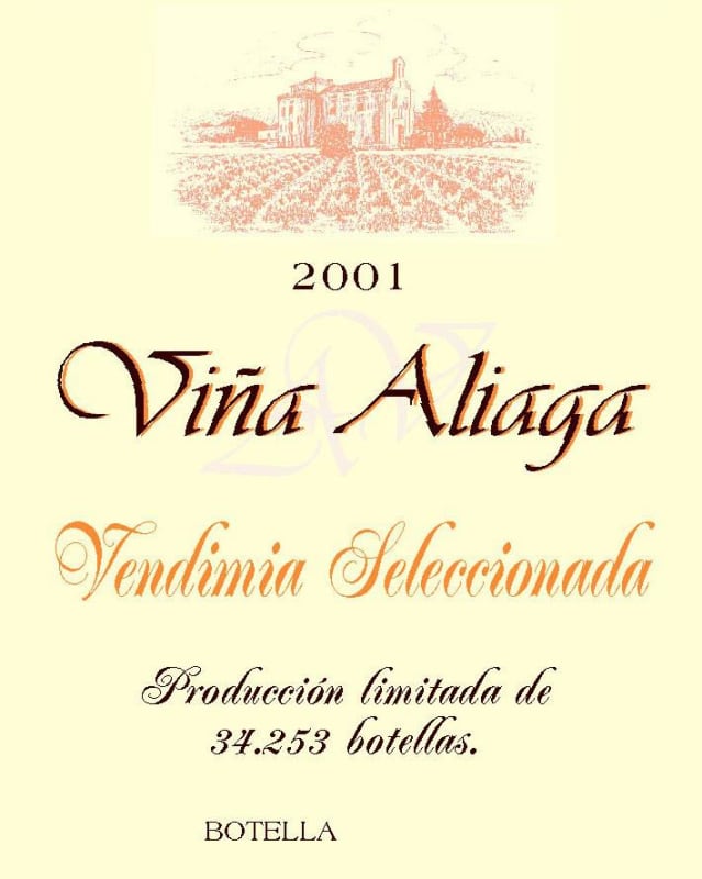 Bodegas Camino del Villar Aliaga Vendemia Seleccionada 2001 Front Label