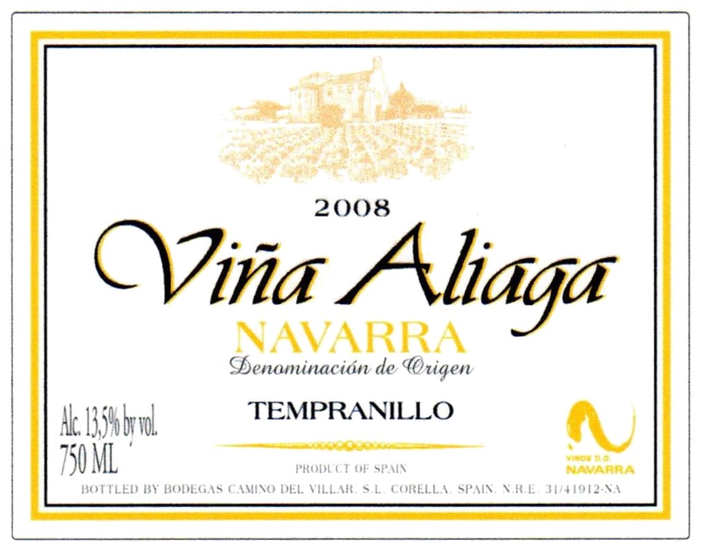 Bodegas Camino del Villar Aliaga Tempranillo 2008 Front Label