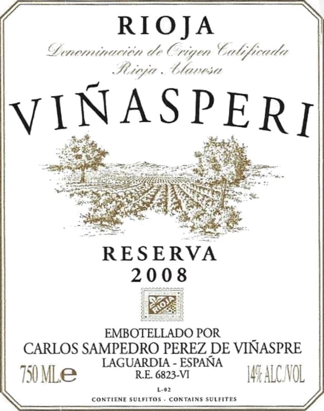 Bodegas Carlos San Pedro Vinasperi Reserva 2008 Front Label