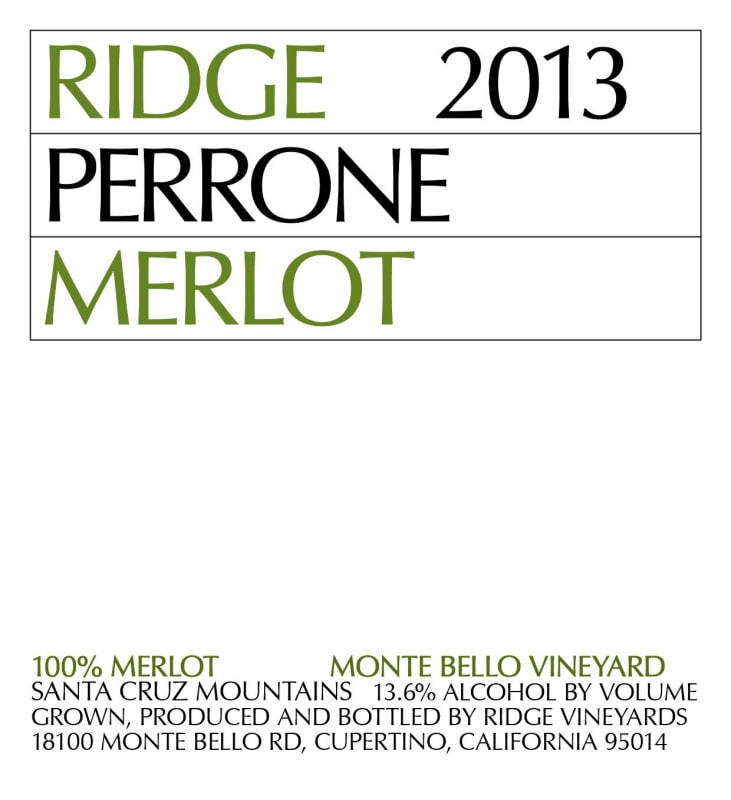 Ridge Perrone Merlot 2013 Front Label