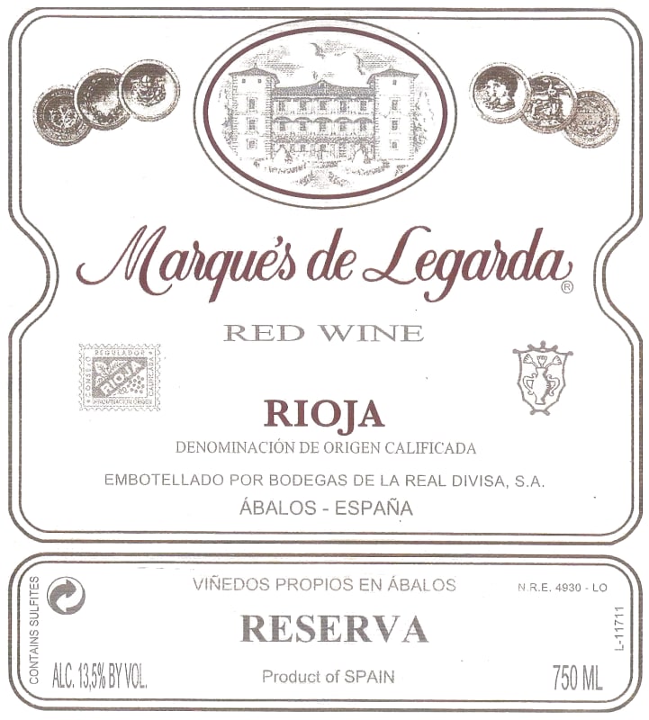 Bodegas de la Real Divisa Marques de Legarda Reserva 2008 Front Label