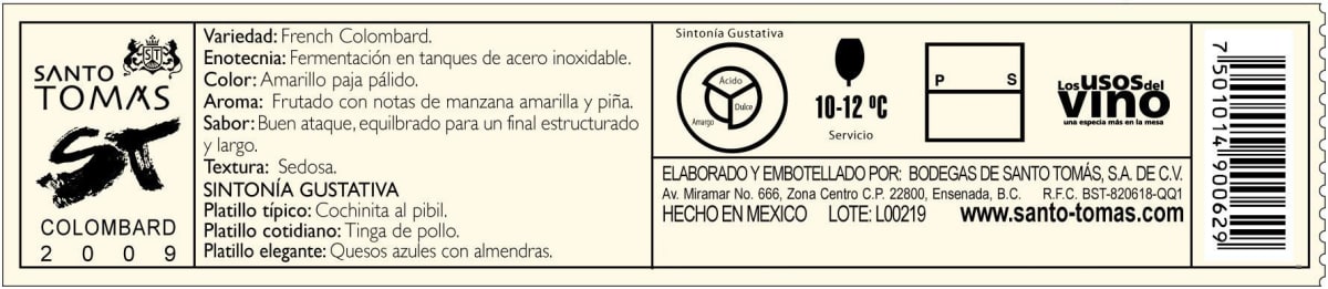 Bodegas de Santo Tomas ST Colombard 2009 Front Label