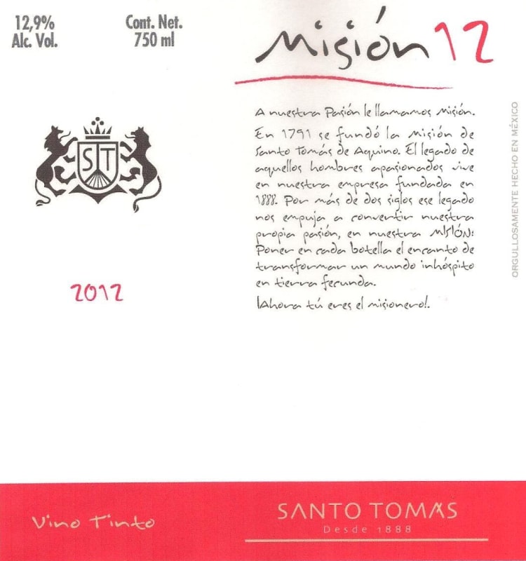 Bodegas de Santo Tomas Mision Tinto 2012 Front Label