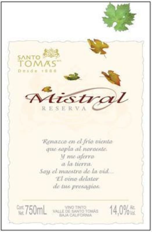 Bodegas de Santo Tomas Mistral Reserva Barbera 2006 Front Label