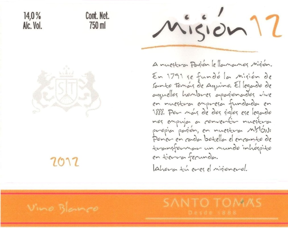 Bodegas de Santo Tomas Mision Blanco 2012 Front Label