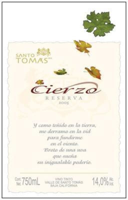Bodegas de Santo Tomas Ensenada Cierzo Reserva Cabernet Sauvignon 2005 Front Label