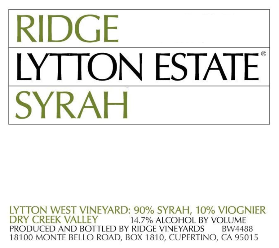 Ridge Lytton Estate Syrah 2010 Front Label
